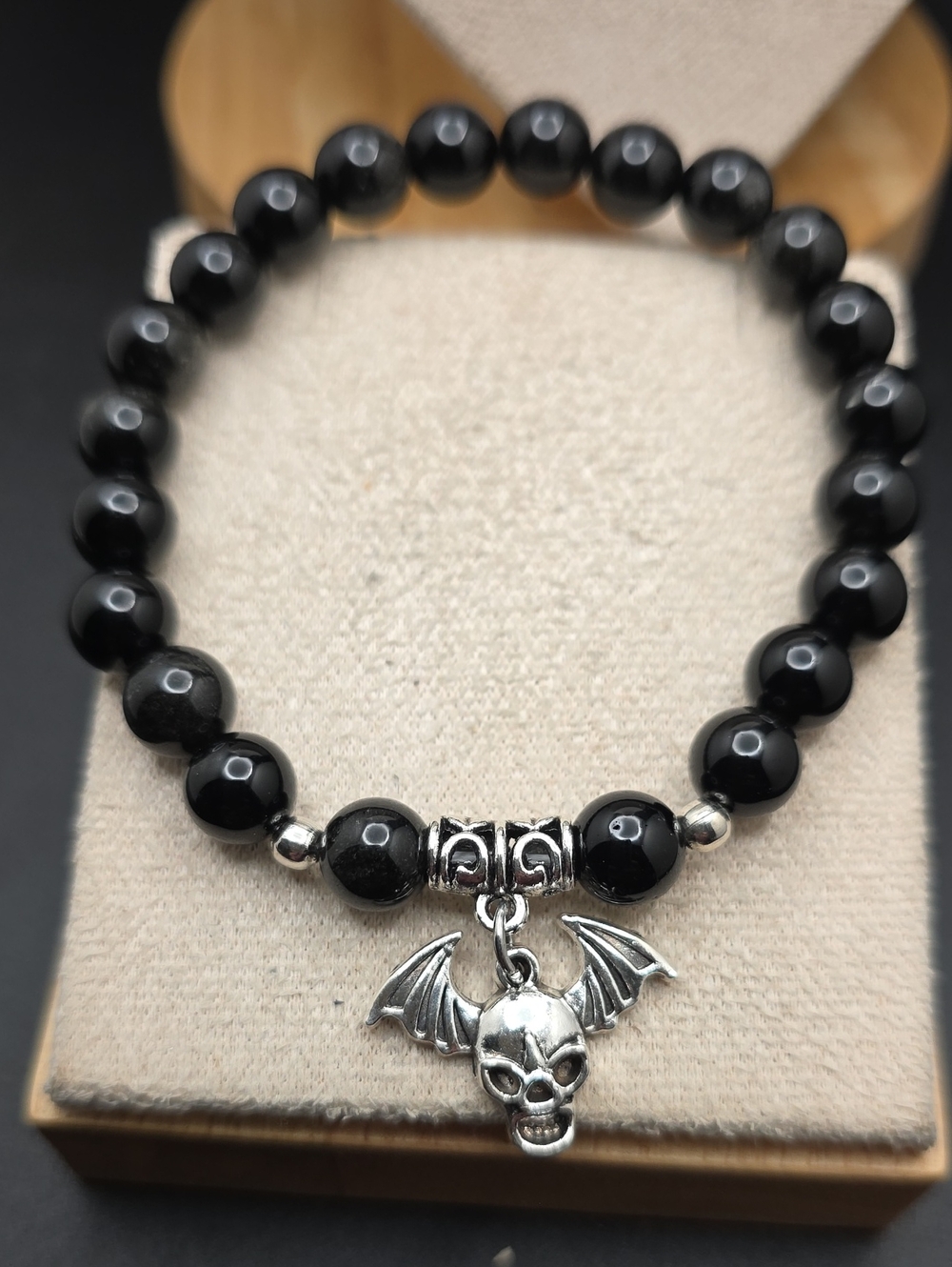 Gothic Black Onyx Beaded Stretch Bracelet with Bat-Winged Skull Charm (1656)